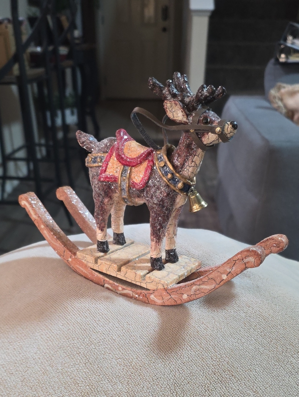 Vintage Rustic Brown Glitter Bobblehead Reindeer Sleigh Holiday Figurine.